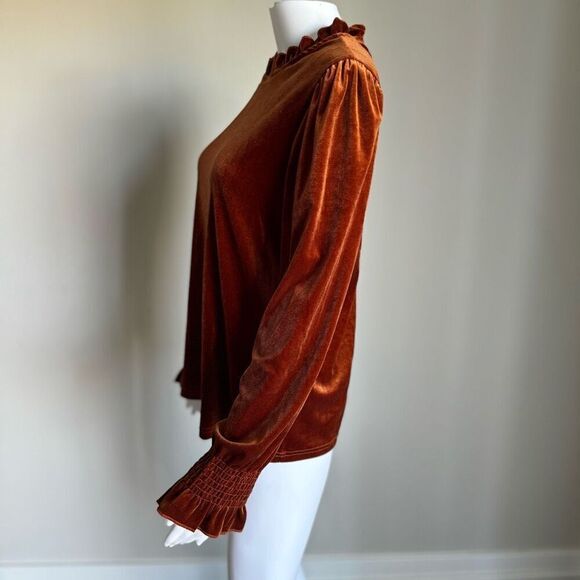 SHEIN Velvet Long Sleeve Top In Rust Withe Ruffle Hem Size M - Picture 4 of 6